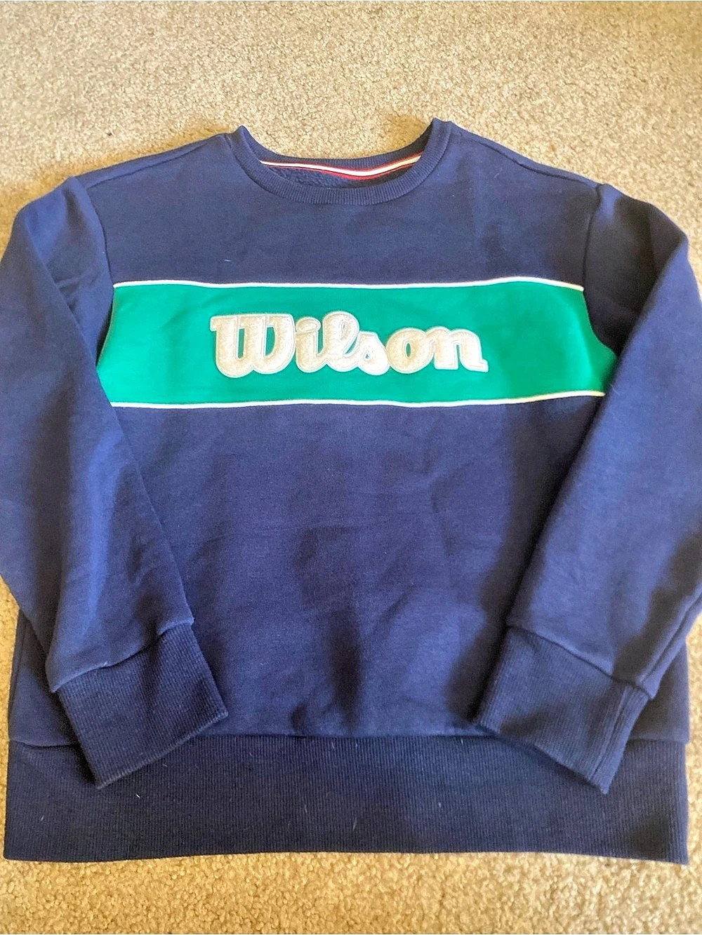 Wilson Crewneck Sweatshirt Size youth L Navy Blue Green Chenille Spellout